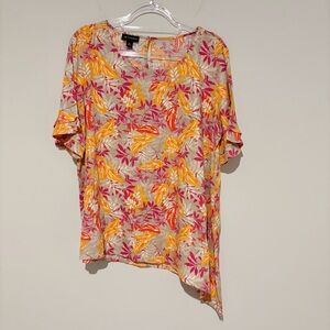 I.N. Studio Linen‎ Floral Palm Leaf Asymmetrical Blouse beige pink size XL